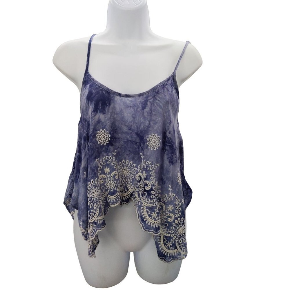 American Rag Women's Blue tie dye cropped top handkerchief hem w/eyelet Size XS